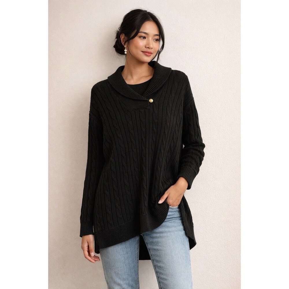 Chaps Women's 3X Shawl Collar Pullover Cable Knit Sweater Black Cozy Warm